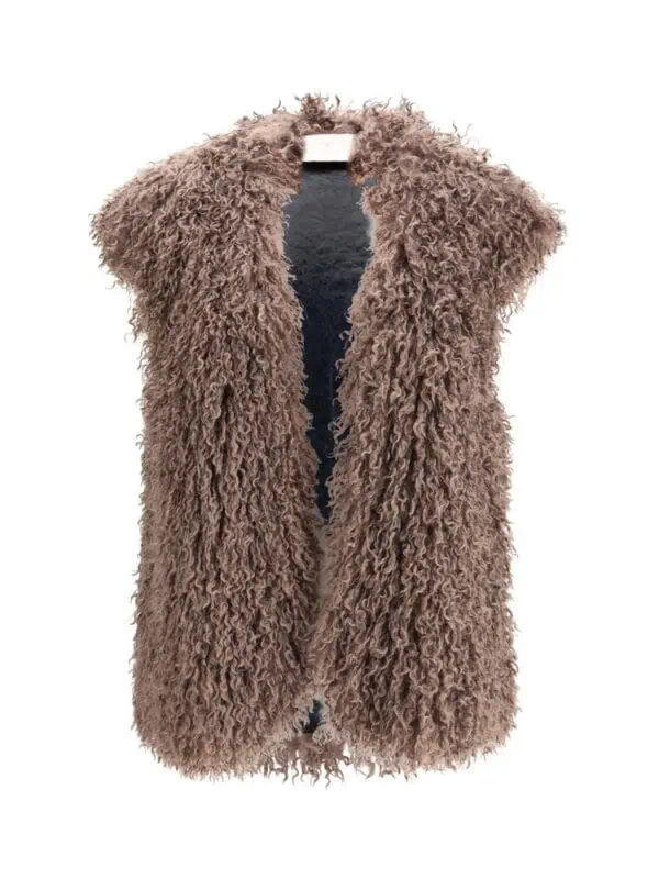 Luxurious brown faux shearling fur vest with open front design for stylish winter wear. Perfect for adding a cozy, fashionable layer to your outfit with soft, plush texture.