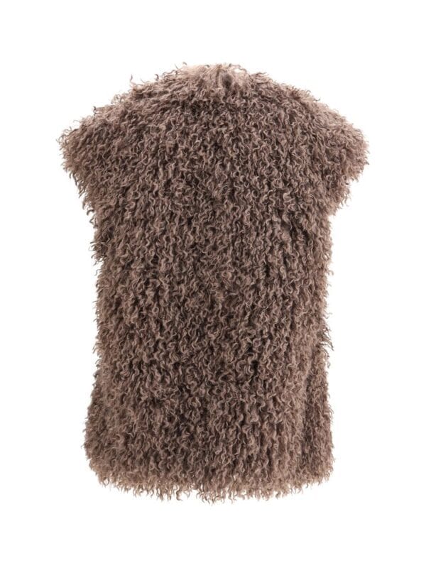 Luxurious curly faux fur dog coat in warm brown, designed for stylish and cozy pet protection. Perfect for cold weather, blending fashion with comfort for your furry friend.