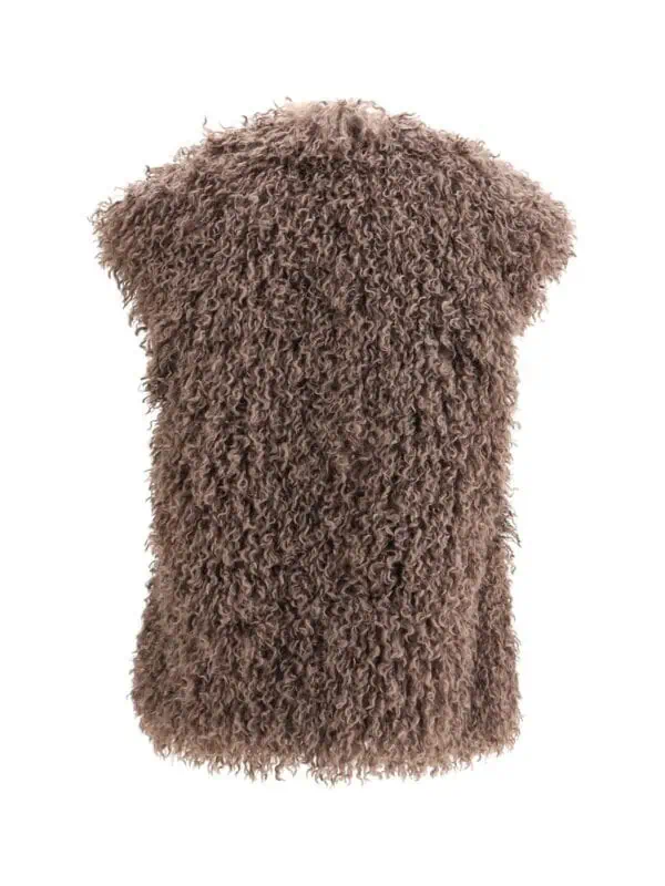 Luxurious curly faux fur dog coat in warm brown, designed for stylish and cozy pet protection. Perfect for cold weather, blending fashion with comfort for your furry friend.