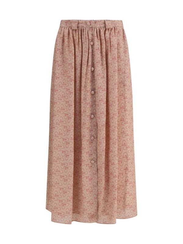 Pink floral maxi skirt with button-front design, elastic waistband, and flowing silhouette, perfect for casual or dressy occasions. Crafted from lightweight, breathable fabric for comfortable wear.