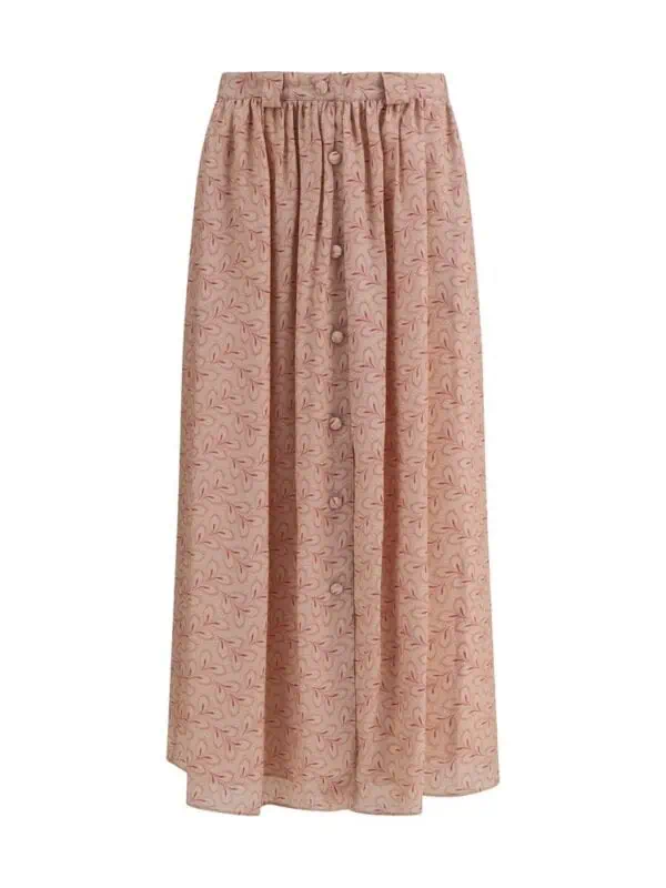 Pink floral maxi skirt with button-front design, elastic waistband, and flowing silhouette, perfect for casual or dressy occasions. Crafted from lightweight, breathable fabric for comfortable wear.