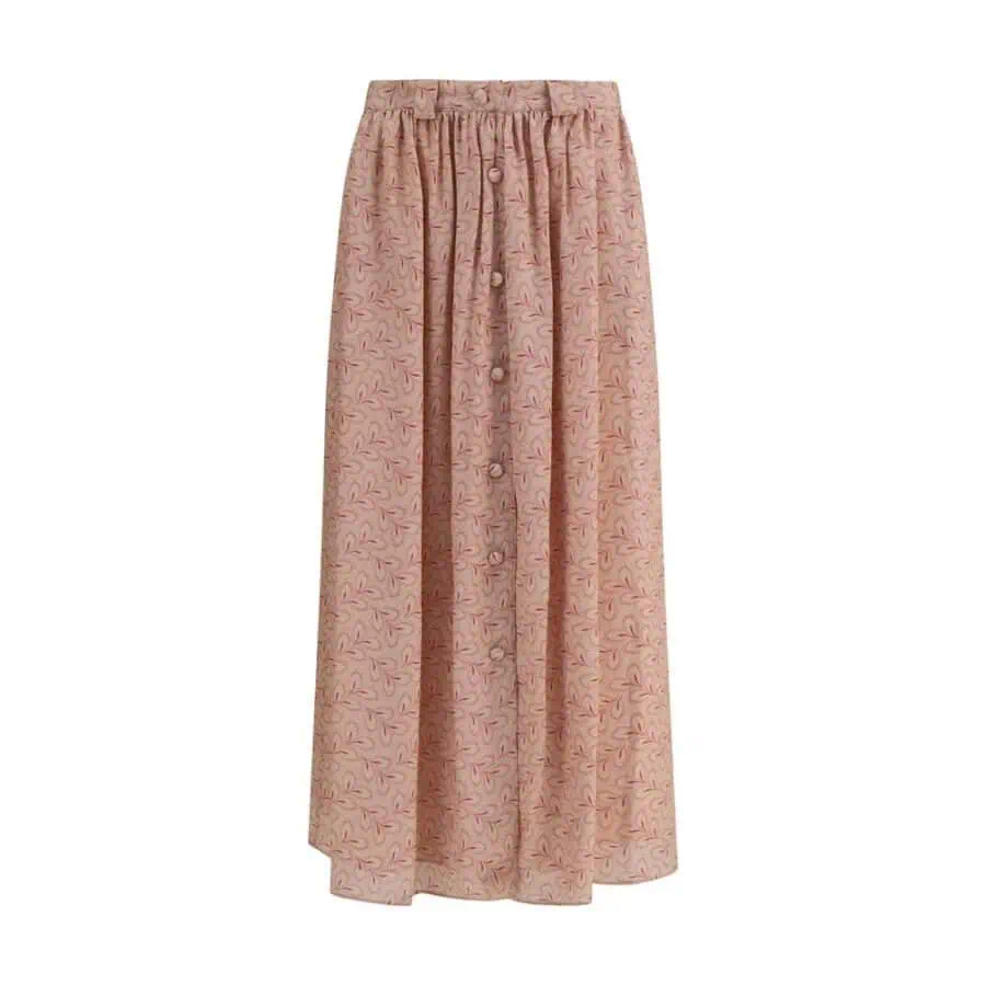 Pink floral maxi skirt with button-front design, elastic waistband, and flowing silhouette, perfect for casual or dressy occasions. Crafted from lightweight, breathable fabric for comfortable wear.