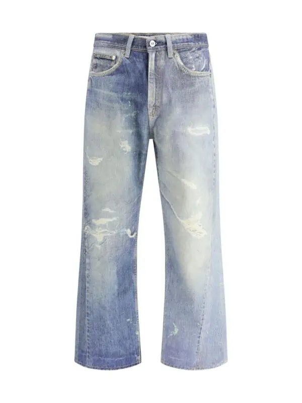 Destroyed high-waisted blue denim jeans with a vintage, worn-in look and distressed details, perfect for casual, trendy outfits.