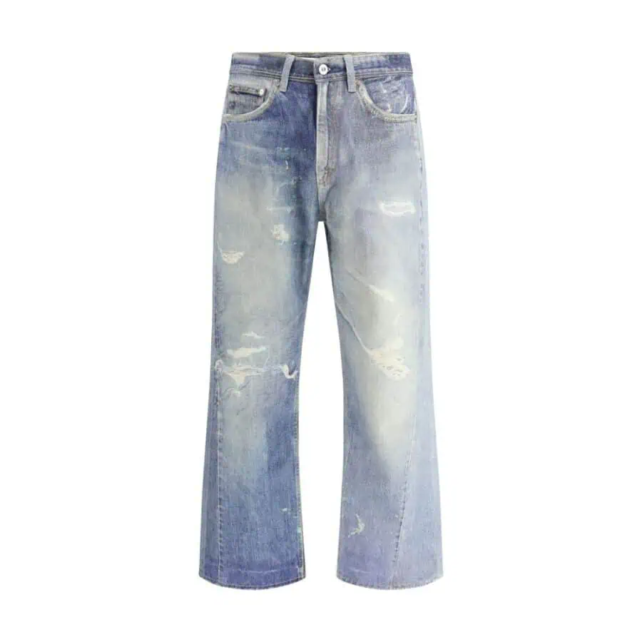 Destroyed high-waisted blue denim jeans with a vintage, worn-in look and distressed details, perfect for casual, trendy outfits.