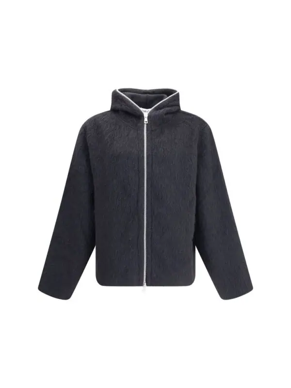 Black zip-up hooded fleece jacket with a sleek, modern design for stylish comfort. Perfect for cold weather, featuring a cozy fit and versatile style for casual wear.