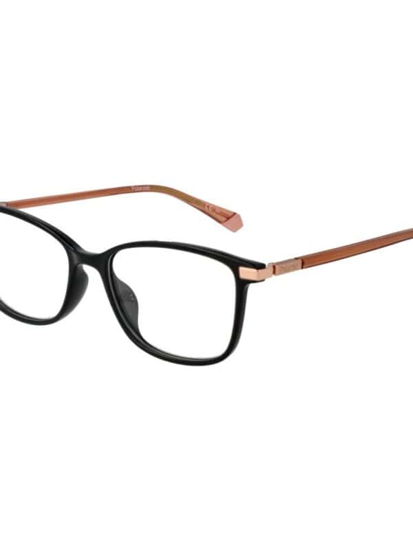 Elegant black and rose gold eyeglasses with rectangular frames, perfect for a sophisticated, stylish look. Designed by Lux Brands for comfort and modern fashion.