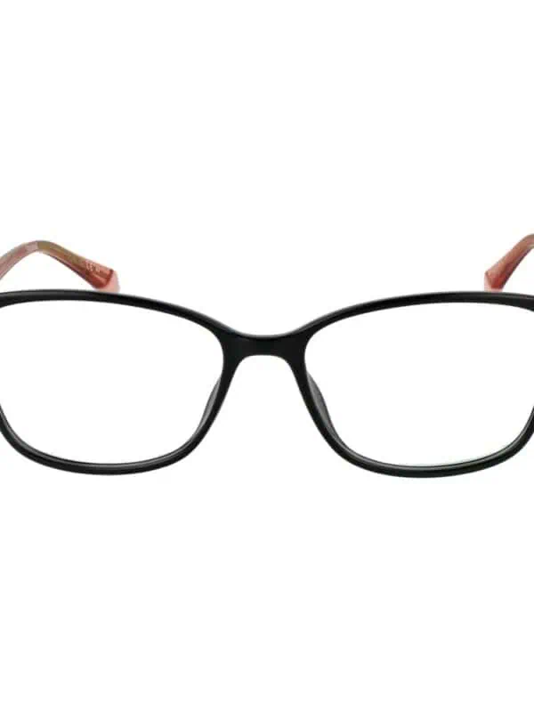Stylish black and pink eyeglasses with rectangular frames for a sophisticated look.