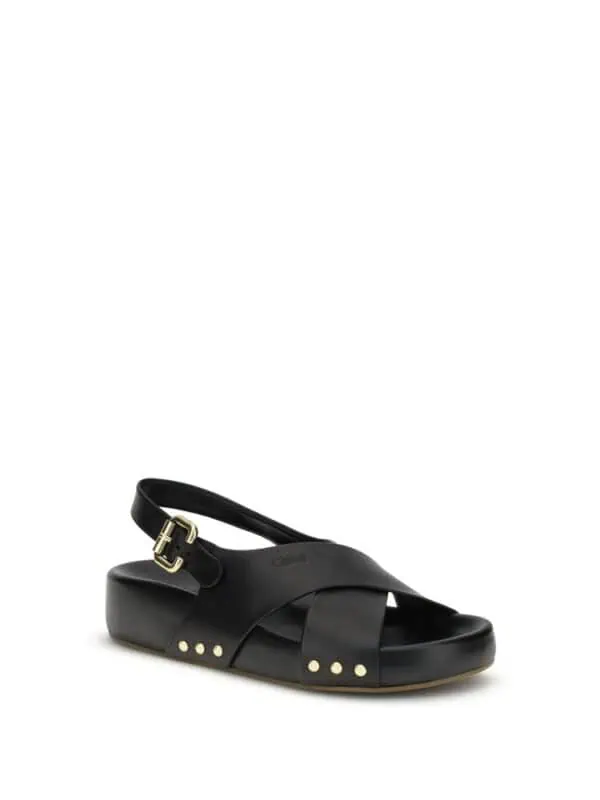 Black leather designer sandal with gold accents and adjustable ankle strap luxurious footwear for women.