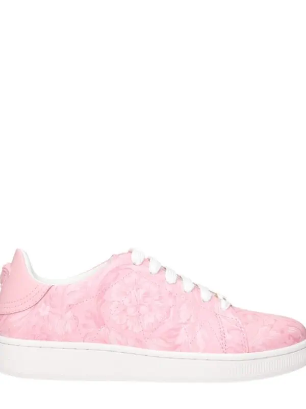 Lux pink floral-patterned designer sneakers with white sole and laces for women. Stylish, comfortable, perfect for casual and chic outfits. Elevate your shoe collection with luxury fashion.