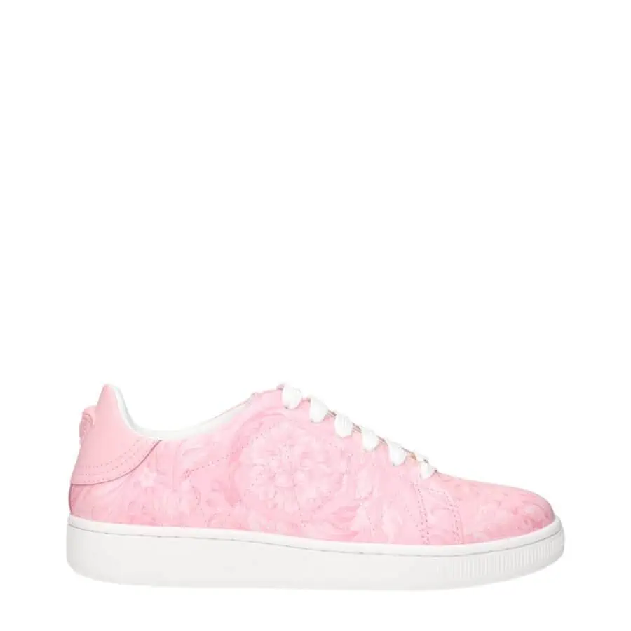 Lux pink floral-patterned designer sneakers with white sole and laces for women. Stylish, comfortable, perfect for casual and chic outfits. Elevate your shoe collection with luxury fashion.