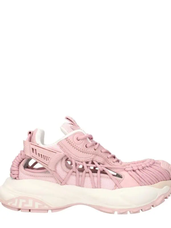 Pink Versace Chain Reaction Sneakers with intricate mesh and rubber detailing for a luxury sporty look. Perfect for fashion-forward casual wear and making a bold style statement.