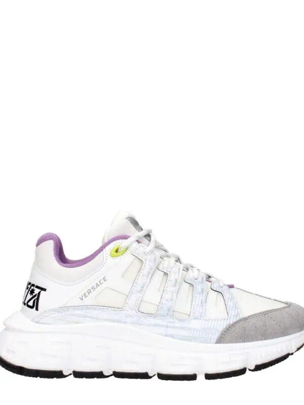 Lux Brands Versace white and purple sneaker with a durable sole and stylish design. Perfect for fashion-forward sportswear enthusiasts seeking luxury and comfort.