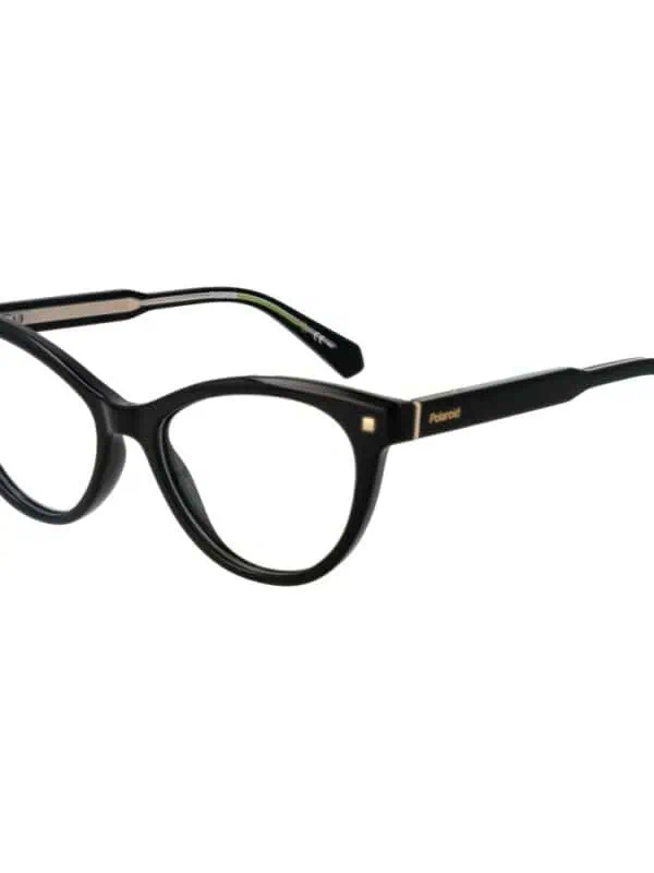 Black polaroid glasses with clear lenses and gold accents, perfect for a stylish, vintage look.