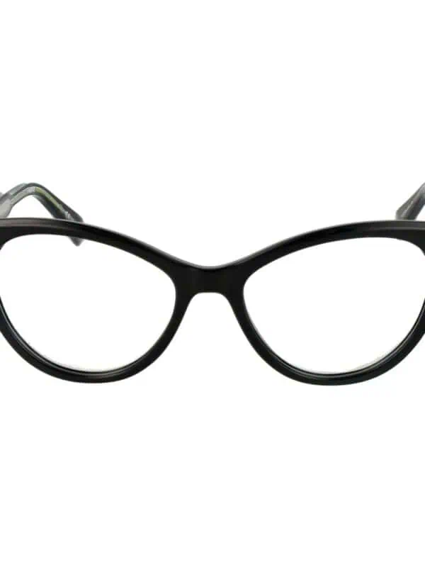Black cat-eye glasses with clear lenses, stylish and fashionable eyewear accessory. Perfect for a chic, sophisticated look or everyday wear. Durable frame with a sleek, modern design.