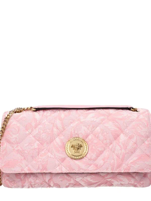 Lux Brands pink quilted handbag with gold chain and logo detail, perfect for stylish evening outings and special occasions.