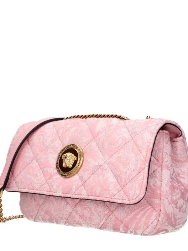 Pink quilted designer handbag with gold Medusa emblem and chain strap, luxury fashion accessory, Versatile for stylish occasions.