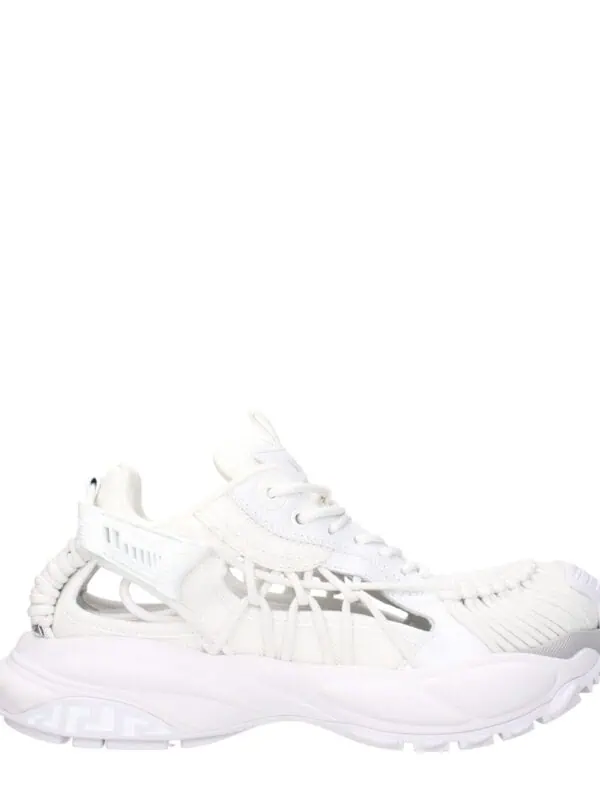 Lightweight trendy white sneaker with breathable mesh and innovative design, perfect for casual or athletic wear, combining comfort and modern style.