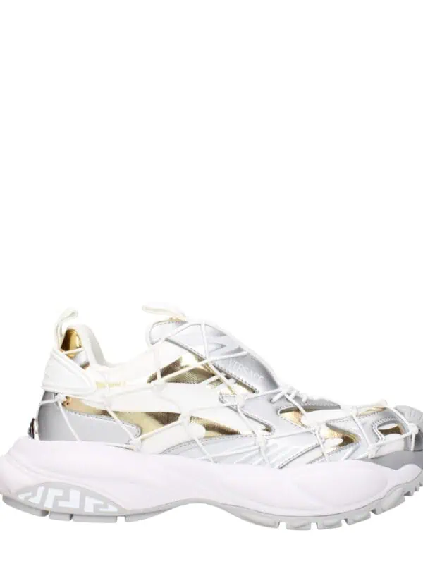 White Versace Chain Reaction Sneakers with intricate lace-up design and metallic accents for luxury athletic style.