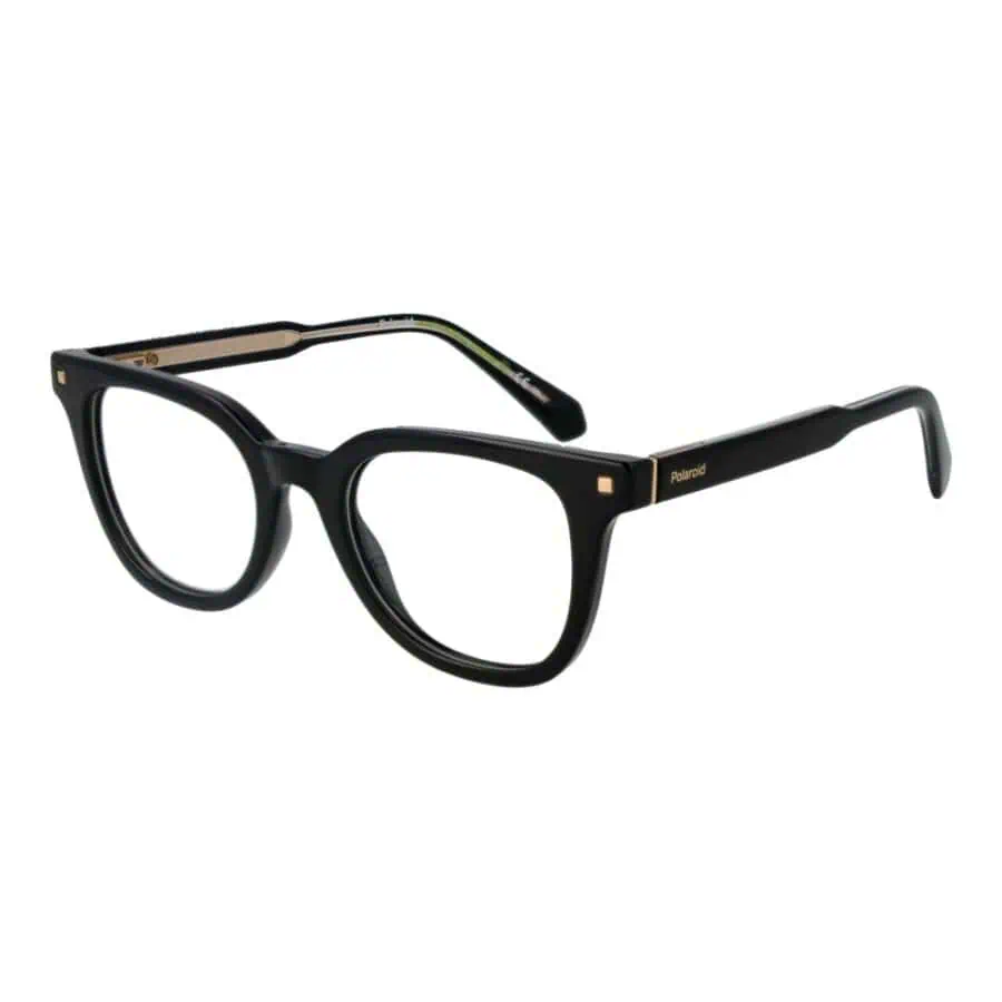 Black Polaroid eyeglasses with thick plastic frame, stylish design, and gold accents. Perfect for everyday wear and making a fashion statement. Durable and lightweight for comfort.