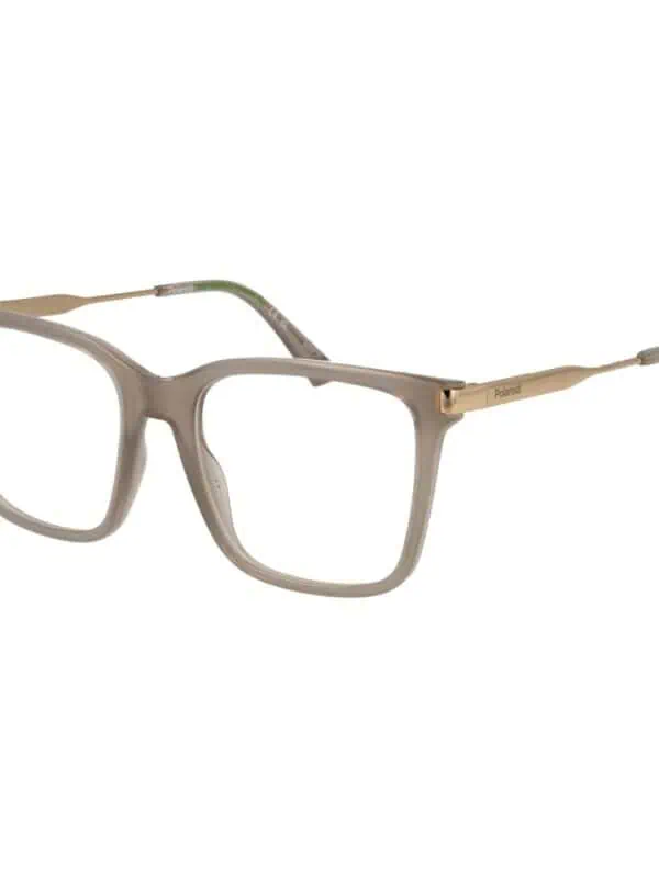 Polaroid fashionable neutral-colored square eyeglasses with gold accents for women and men.