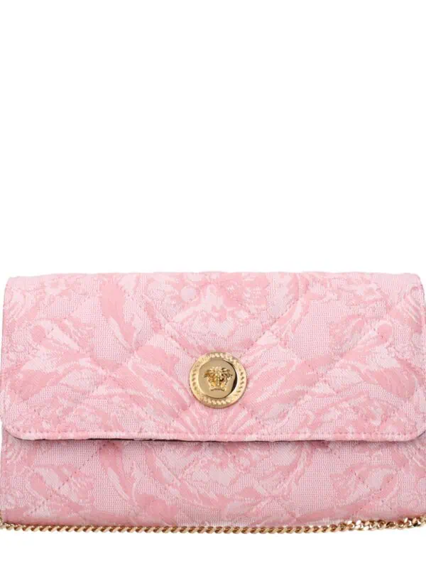 Lux Brands pink floral embroidered clutch with gold emblem and chain strap, perfect for elegant evening events and special occasions.