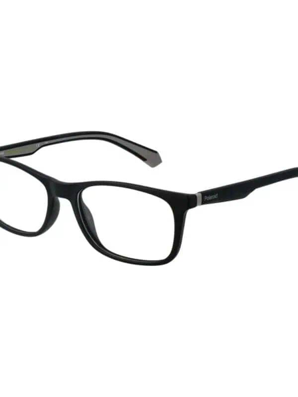 Classic black Polaroid eyeglasses with rectangular frames for stylish vision correction.