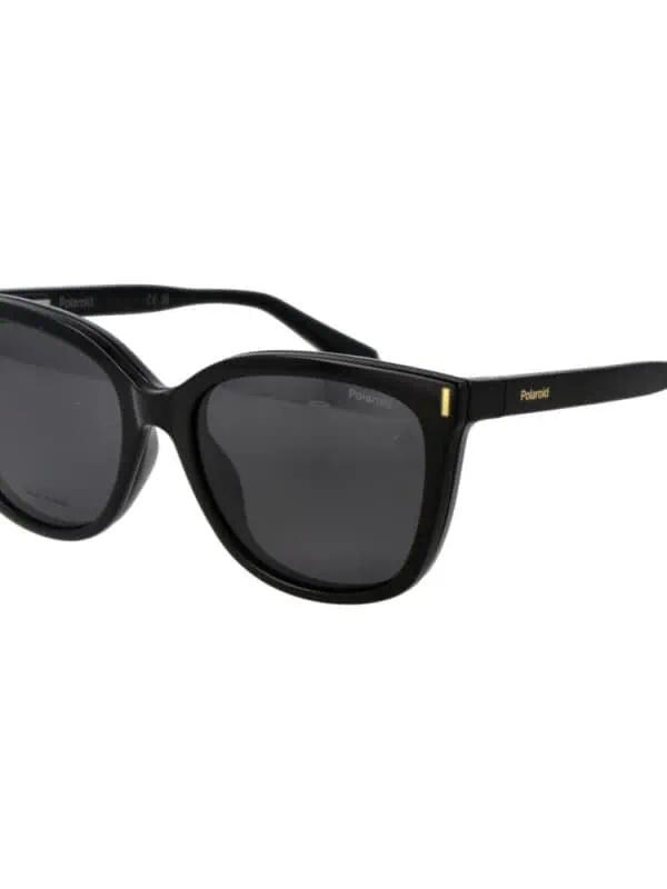 Black oversized sunglasses with UV protection and stylish gold details, perfect for a chic, fashionable look.