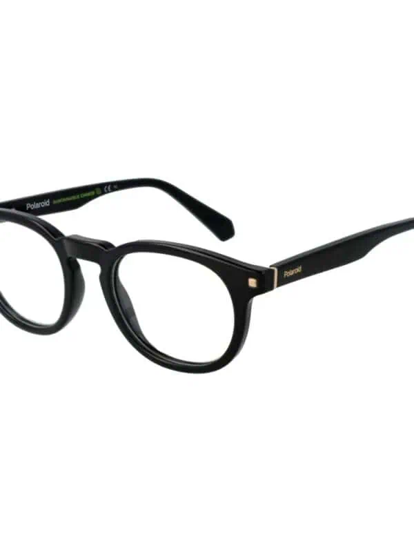 Polaroid sustainable glasses with black frame and clear lenses, stylish and eco-friendly eyewear for everyday wear.