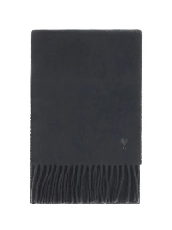 Lux Brands black fringed scarf with heart logo, stylish and cozy accessory perfect for cold weather.
