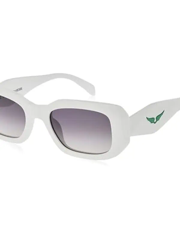 White oversized sunglasses with dark lenses and a green logo on the arm, perfect for trendy sun protection.