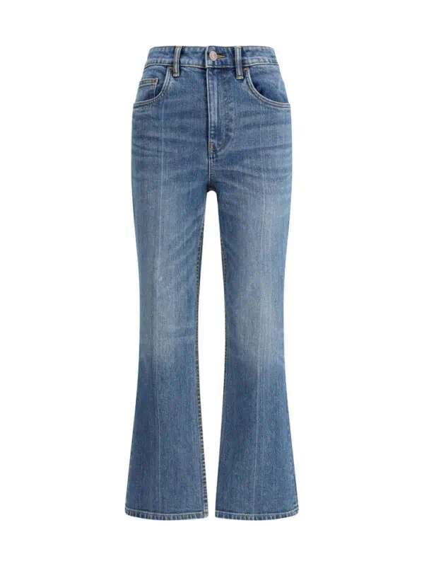Relaxed fit high-waisted flare jeans with classic denim wash, front and back pockets, and belt loops, perfect for stylish casual wear.