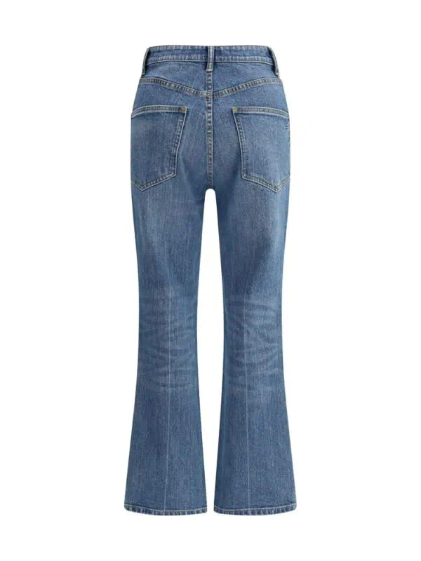 High-waisted blue denim flare jeans with classic five-pocket design and sturdy stitching, perfect for stylish casual wear and versatile outfit pairing.