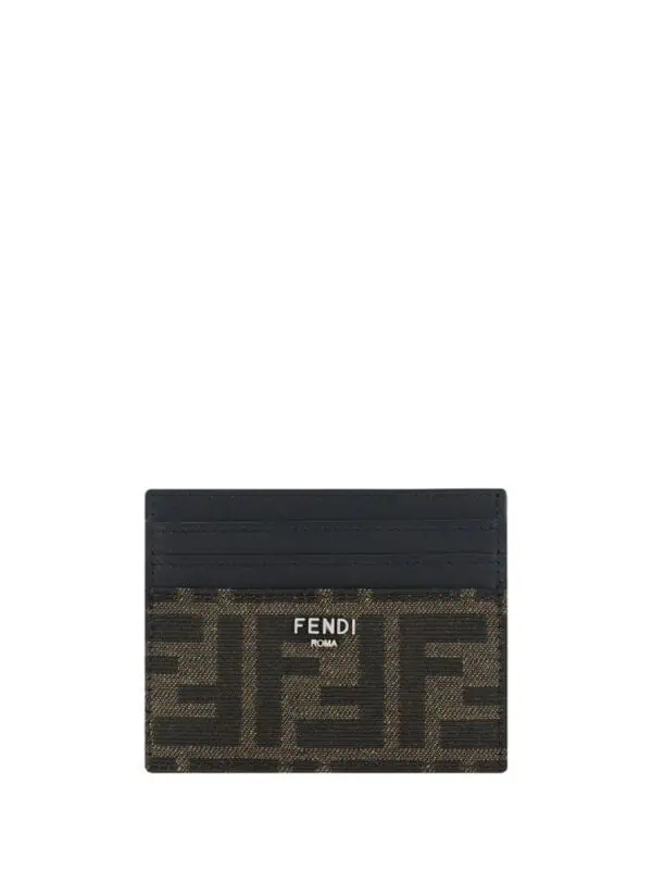 Fendi logo-print cardholder with black leather trim, compact design, luxury fashion accessory for men and women.