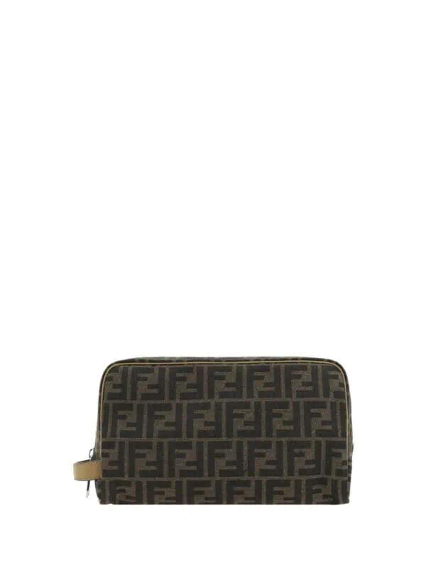 Fendi monogram canvas makeup bag with leather trim, luxury travel accessory, stylish storage for cosmetics and toiletries.