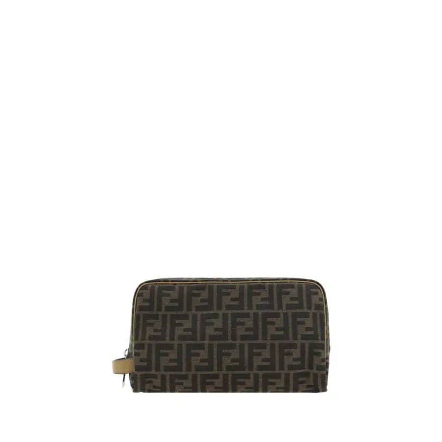 Fendi monogram canvas makeup bag with leather trim, luxury travel accessory, stylish storage for cosmetics and toiletries.