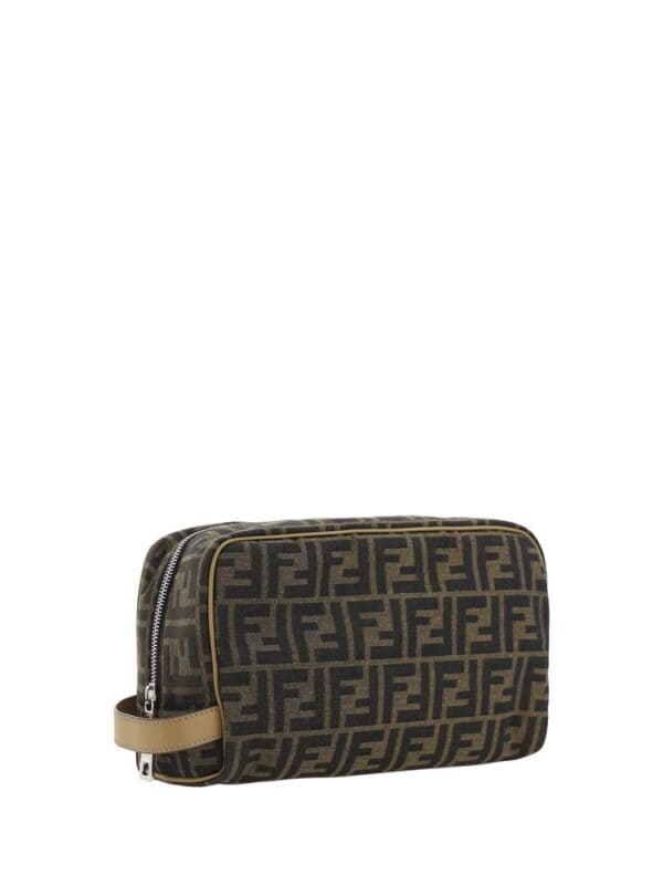 Fendi Vintage Logo Pattern Toiletry Bag in Brown and Black with Beige Leather Detailing.
