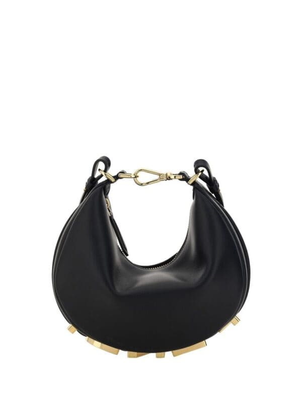 Luxurious black crescent-shaped handbag with gold-tone hardware, modern design, perfect for stylish occasions. Leather material with studded base adds a trendy touch to any outfit.