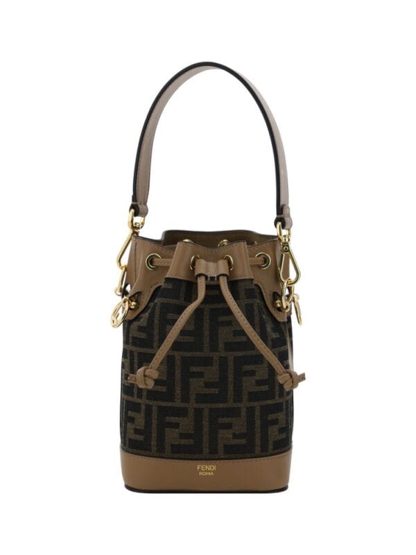 Fendi-roma-logo-pattern-brown-and-black-coffee-shopper-shoulder-bag.jpg, Elegant Fendi Roma tote featuring the iconic logo pattern in brown and black with gold hardware and a stylish drawstring closure.