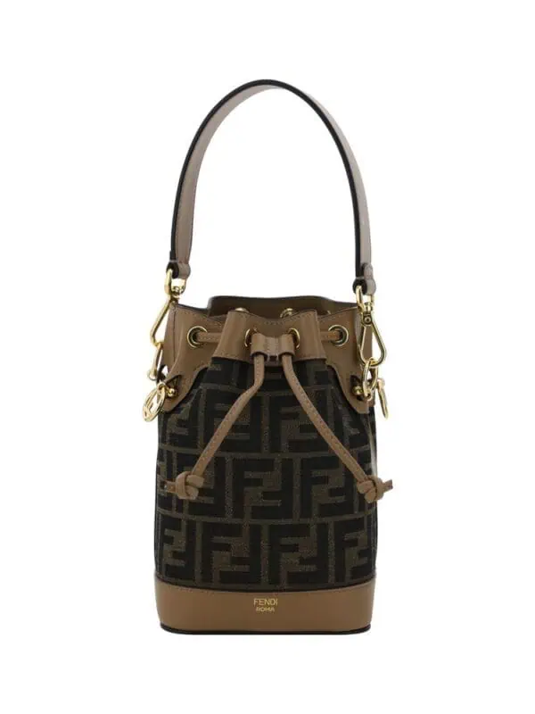 Fendi-roma-logo-pattern-brown-and-black-coffee-shopper-shoulder-bag.jpg, Elegant Fendi Roma tote featuring the iconic logo pattern in brown and black with gold hardware and a stylish drawstring closure.