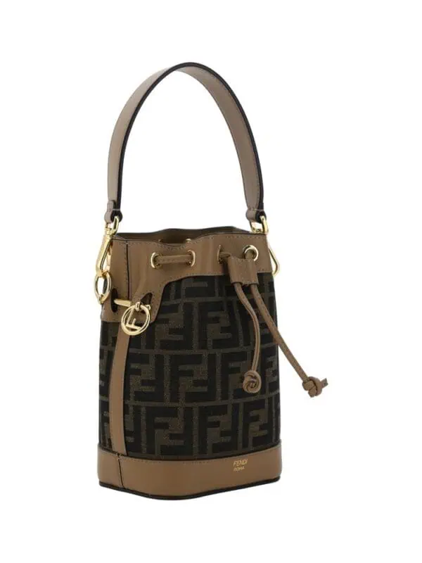Fendi Monogram Logo Canvas and Leather Shoulder Bag, Luxury Designer Handbag for Women, Brown and Black Color.