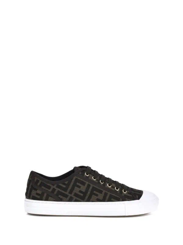 Fendi Black and Brown Monogram Canvas Sneakers with White Rubber Sole, Casual Luxury Footwear for Men and Women.
