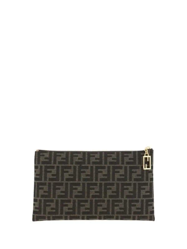 Fendi Zucca canvas clutch bag with gold-tone hardware and zipper closure, featuring the iconic FF logo pattern. Perfect luxury accessory for stylish outings.