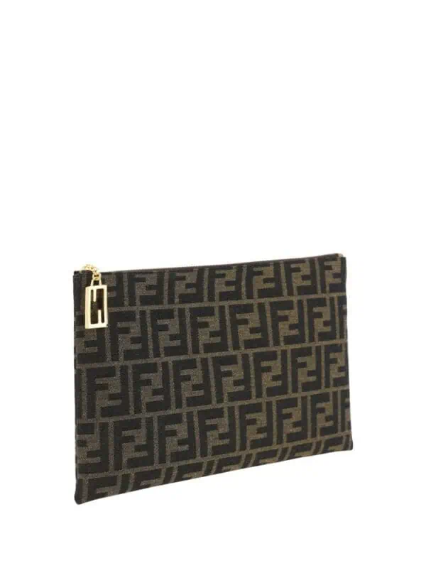 Fendi monogram fabric clutch bag with gold-tone zipper closure and signature logo pattern.