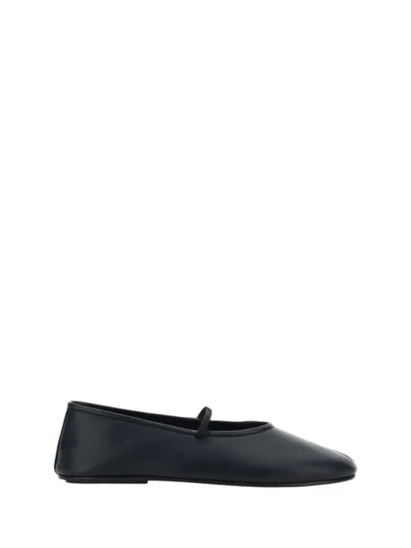 Black leather ballet flat with sleek design and minimal embellishments, perfect for elegant casual wear.