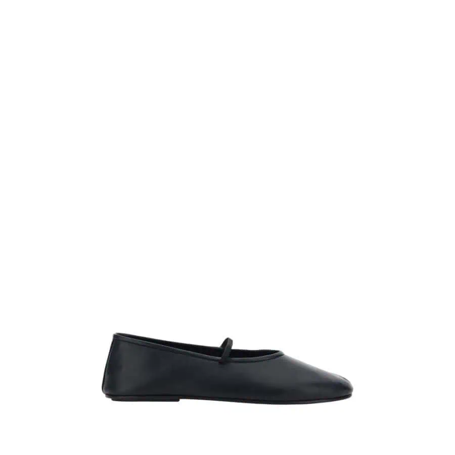 Black leather ballet flat with sleek design and minimal embellishments, perfect for elegant casual wear.