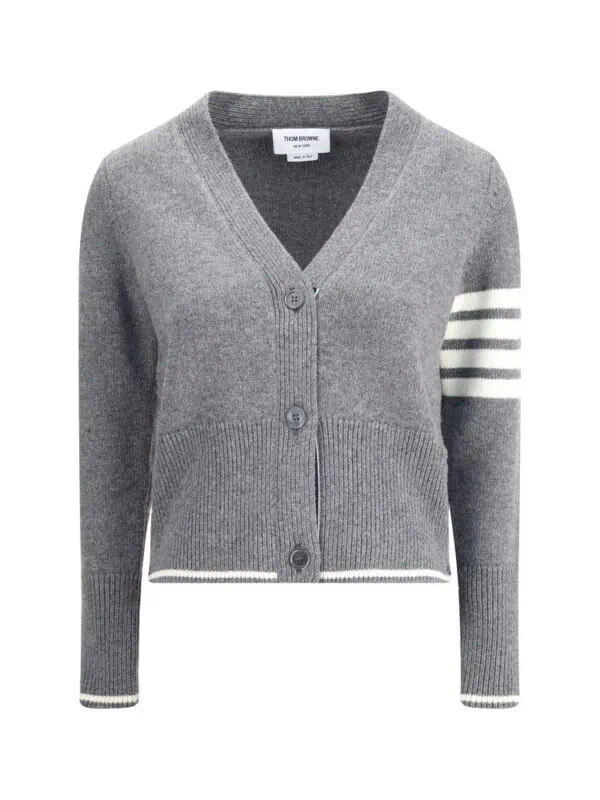 Thom Browne Grey Striped Sleeve Cardigan, Wool Knit with V-Neck and Button Closure for Sophisticated Style.