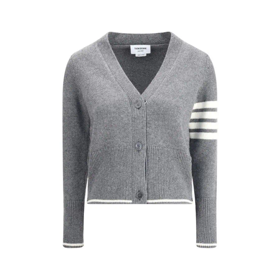 Thom Browne Grey Striped Sleeve Cardigan, Wool Knit with V-Neck and Button Closure for Sophisticated Style.