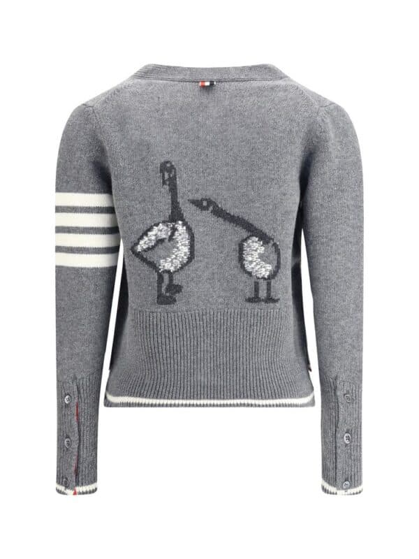 Sweater with embroidered flamingos and striped accents, gray knit pullover for women from Lux Brands.