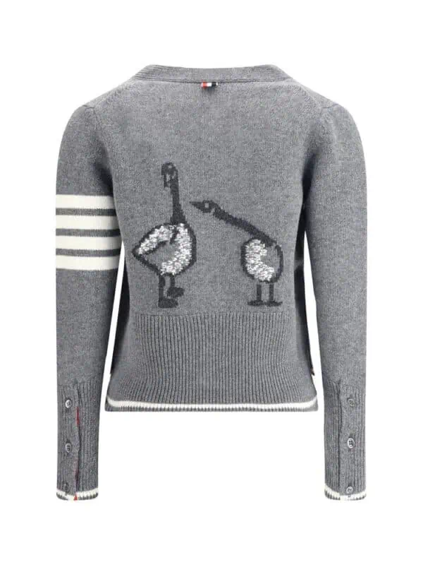 Sweater with embroidered flamingos and striped accents, gray knit pullover for women from Lux Brands.