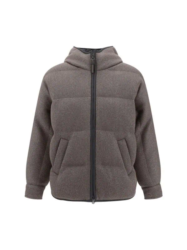 Thin brown puffer hoodie with zipper and front pockets, cozy winter jacket for men or women, stylish and insulated outerwear for cold weather.